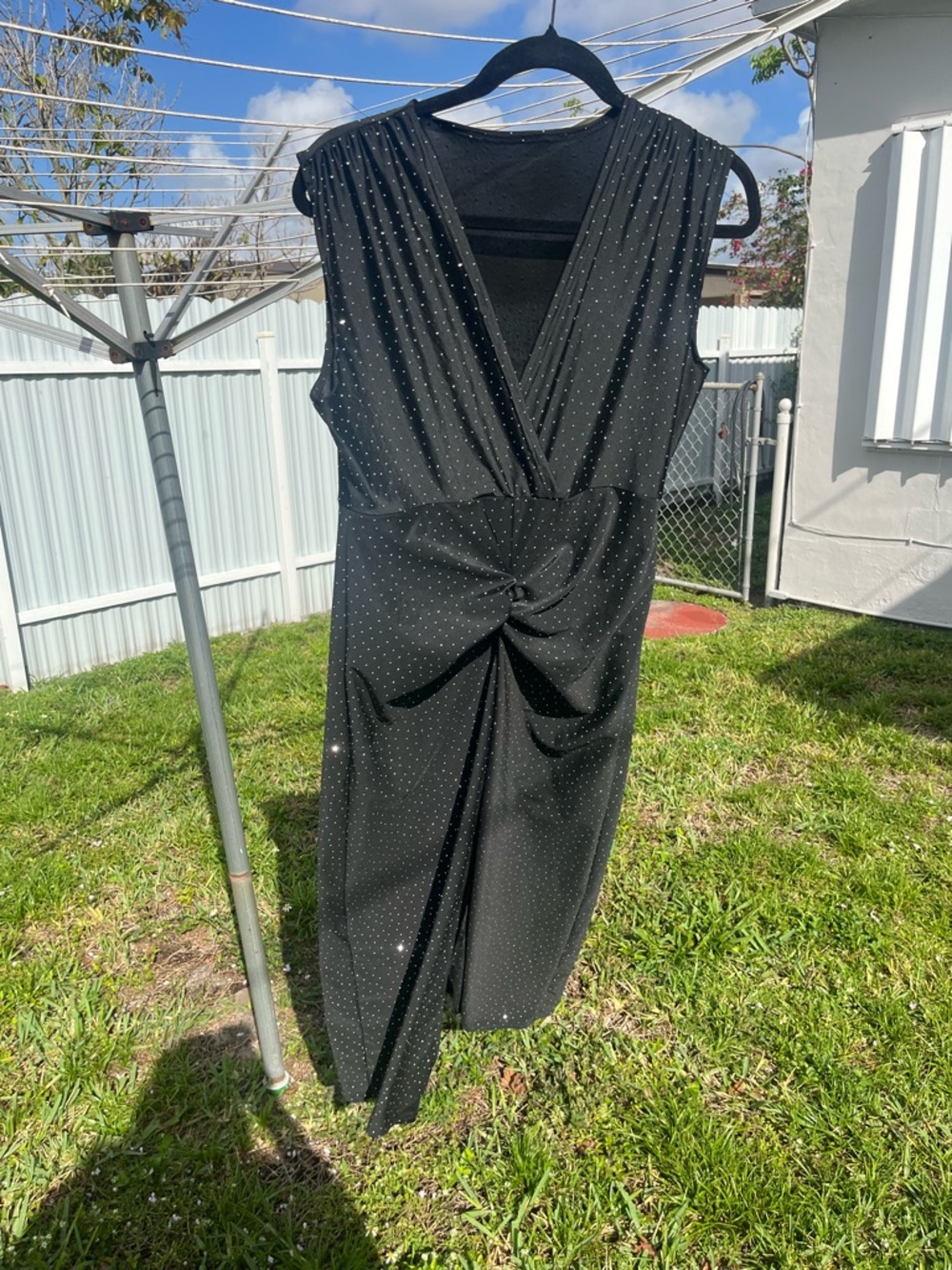 Black Sleeveless Faux-Wrap Knot Front Dress with Sparkle